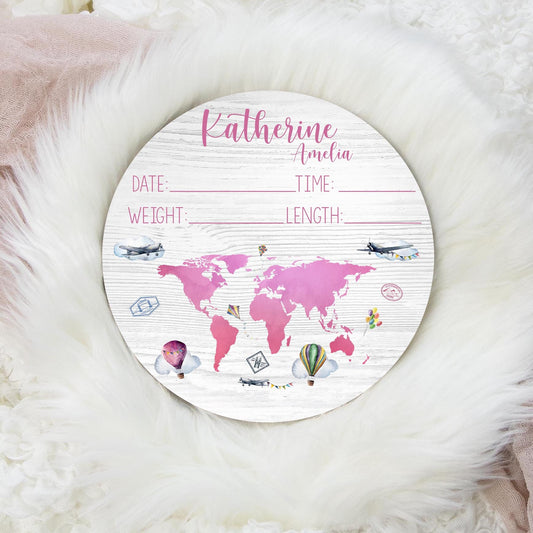 World Map Travel and Adventure Wooden Birth Stat Sign T4