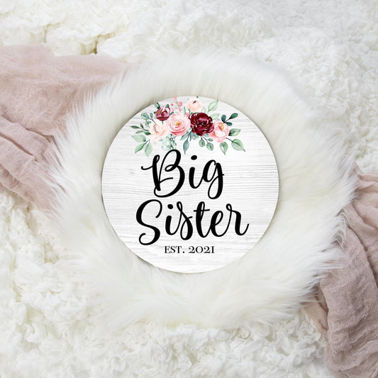 Big Sister Round Wood Name Sign, Burgundy and Blush