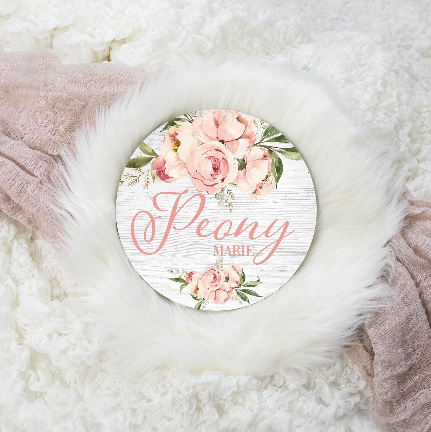 Peony Floral Round Wood Name Sign, Pink F13