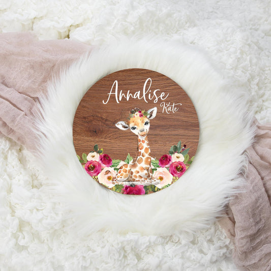 Round Wood Name Sign, Girl Giraffe, Floral Safari, S13