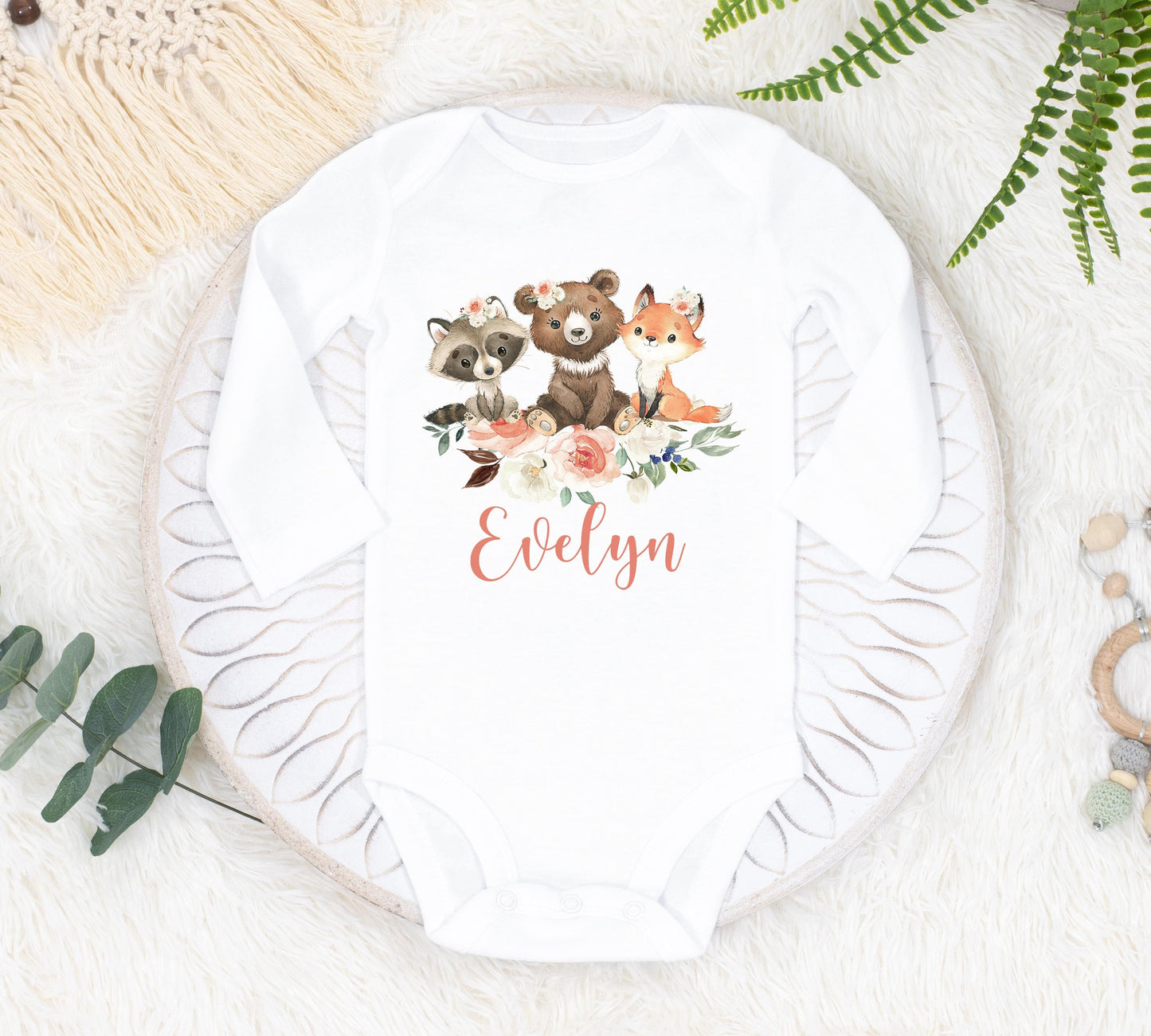 Girl Woodland Animals Baby Bodysuit, Bodysuit, Baby Shower Gift, Pregnancy Reveal Baby Shirt, Baby One Piece, Woodland Baby Outfit W5