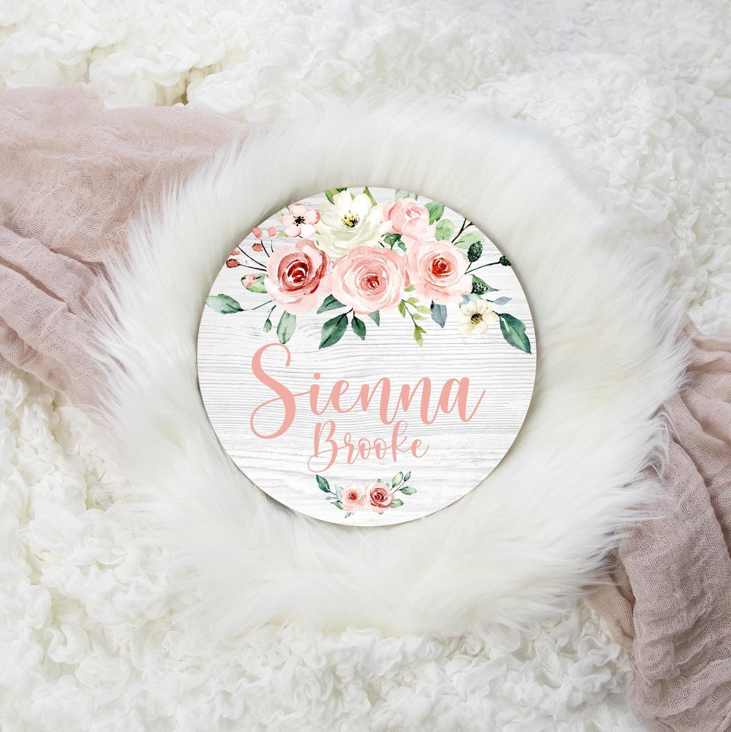 Blush Floral Round Wood Name Sign