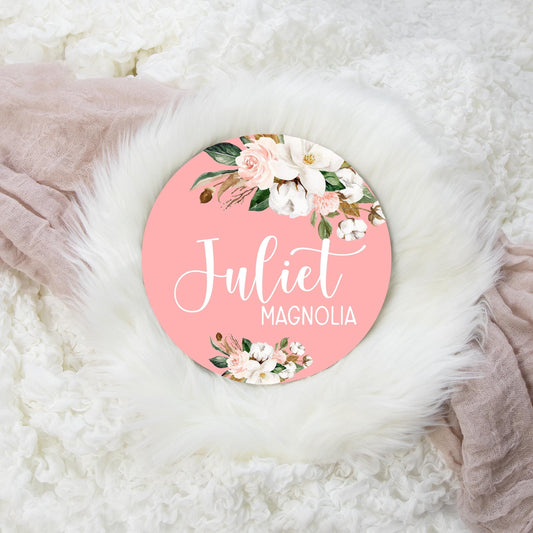 Magnolia Floral Round Wood Name Sign, F2