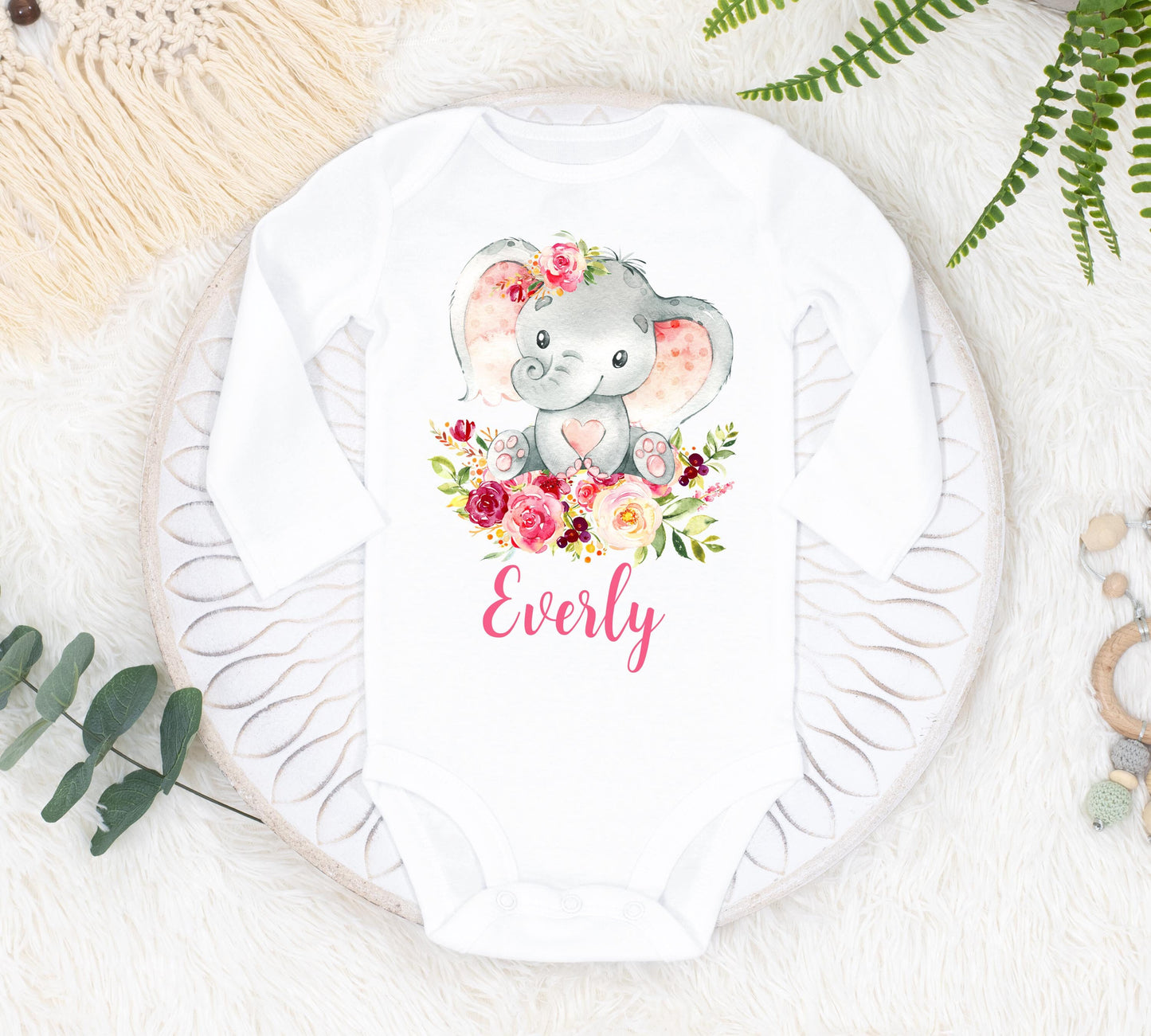Elephant Baby Bodysuit, Pink S15