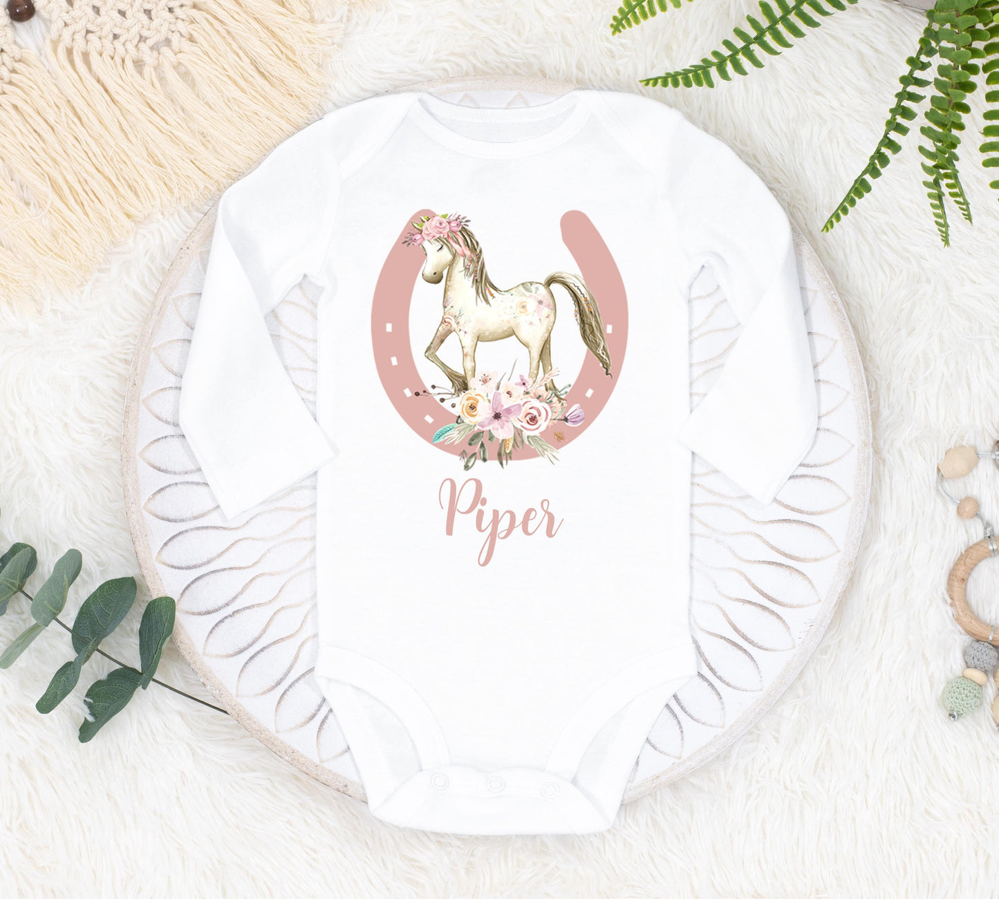 Horse Baby Bodysuit, Floral Pony Bodysuit, C10