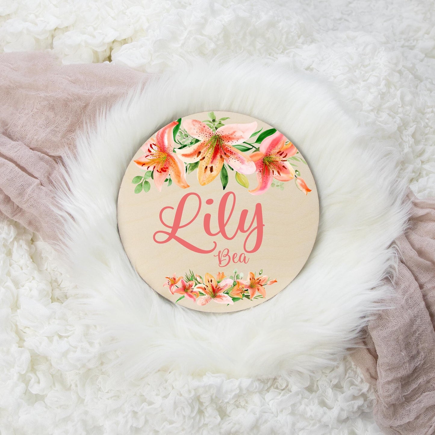 Round Wood Name Sign, Lilly Flower Name Sign F9