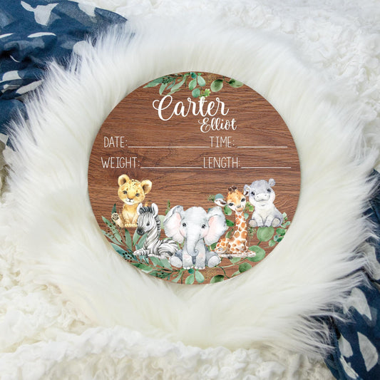 Safari Birth Stat Sign, Round Wood Safari Animal Theme S1