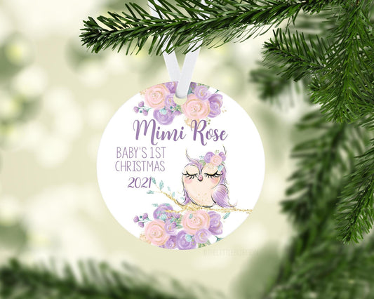 Owl Purple And Violet Floral Baby 1st Christmas Ornament, W20