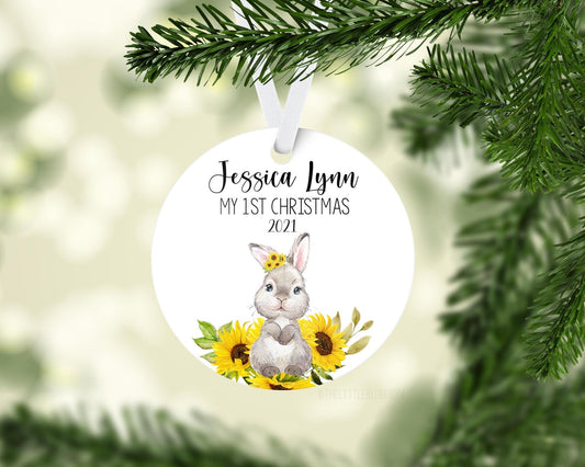 Sunflower Bunny Baby 1st Christmas Ornament, Personalized Baby First Christmas Ornament, Girl Ornament, Holiday Baby Ornament