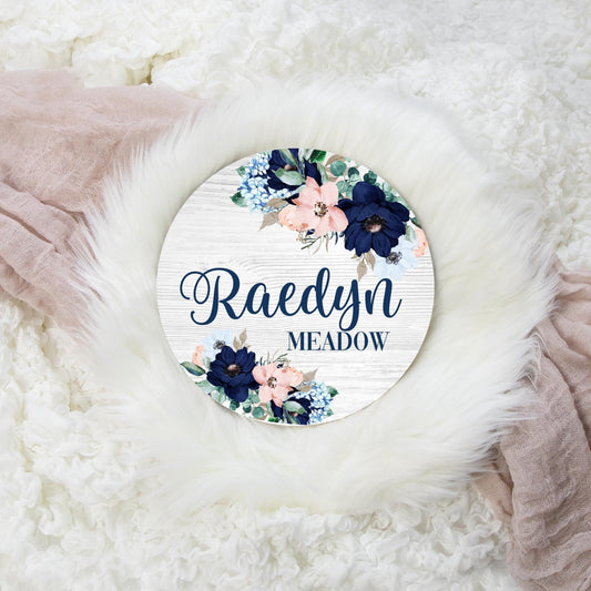 Pink and Navy Floral Round Wood Name Sign, F19