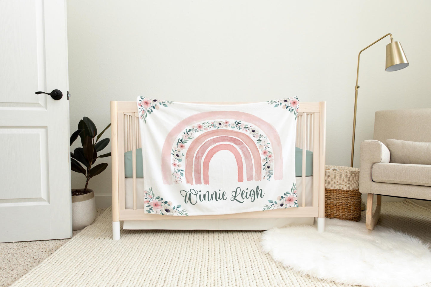 Floral Boho Rainbow Personalized Baby Blanket, T26