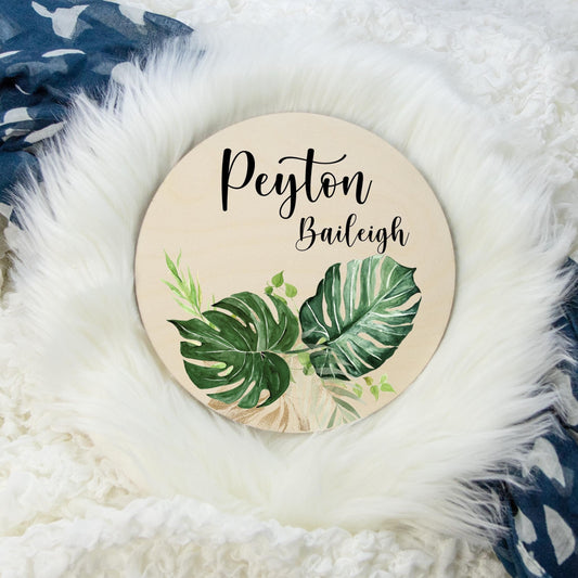 Palm Leaves Round Wood Name Sign, Tropical F55