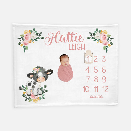 Cow Floral Baby Milestone Blanket, C5