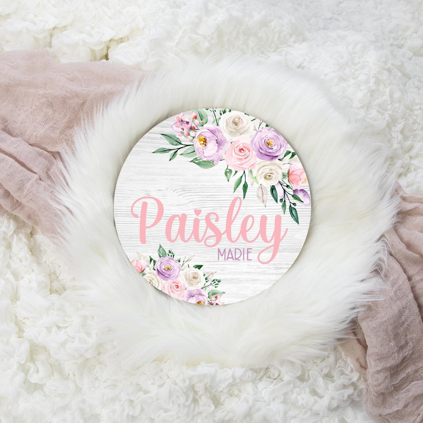 Pink and Purple Floral Round Wood Name Sign, F20