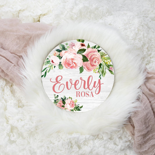 Blush Pink Floral Round Wood Name Sign