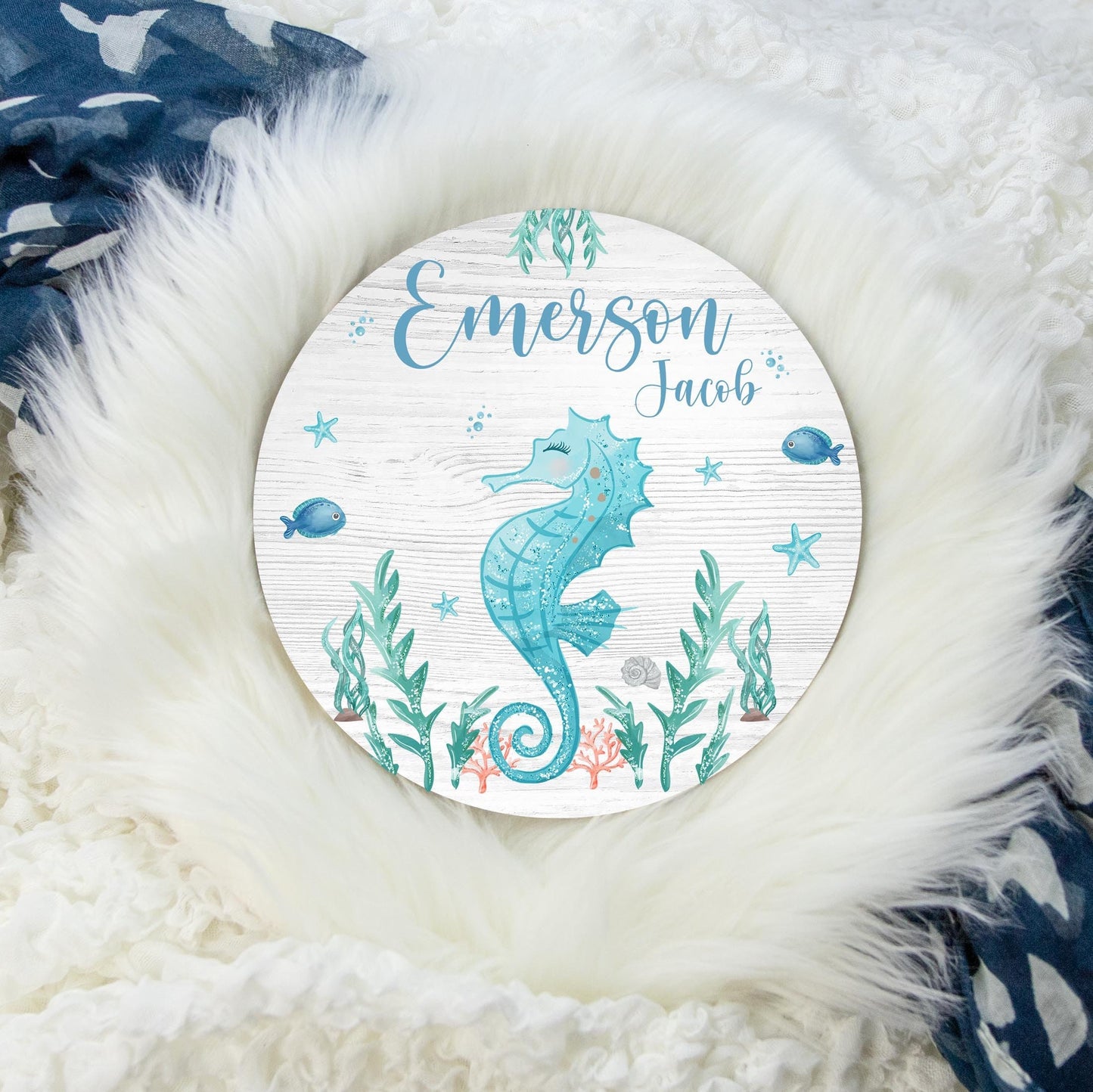 Sea Horse Round Wood Name Sign, Under The Sea Nursery Decor O8