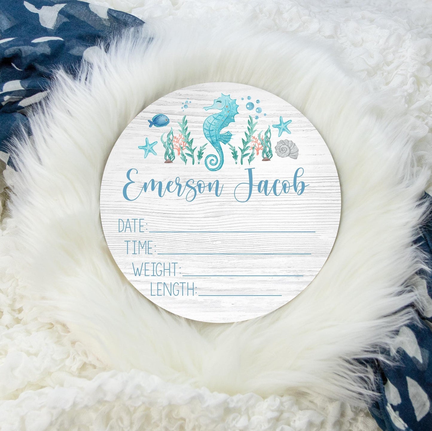 Seahorse Under the Sea Wooden Birth Stat Sign