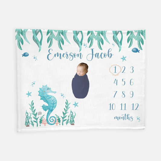 Sea Horse Baby Boy Blanket, Under The Sea Milestone Blanket, O8