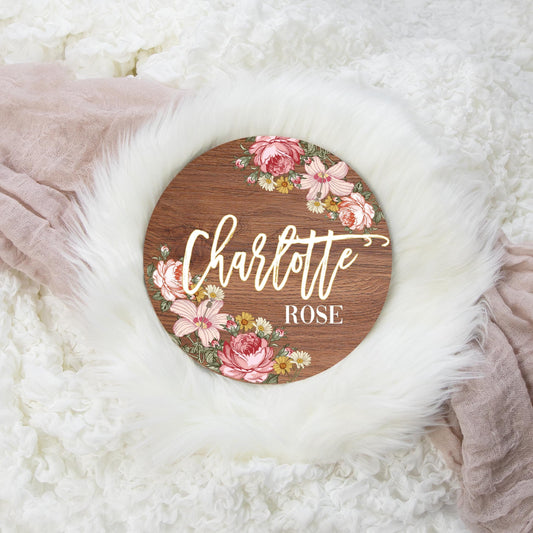 Boho Vintage Floral Round Wood Name Sign, F28