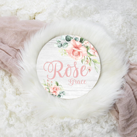 Blush Rose Floral Round Wood Name Sign, F34