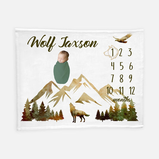 Mountain Wolf Baby Milestone Blanket, Forest Boy M19