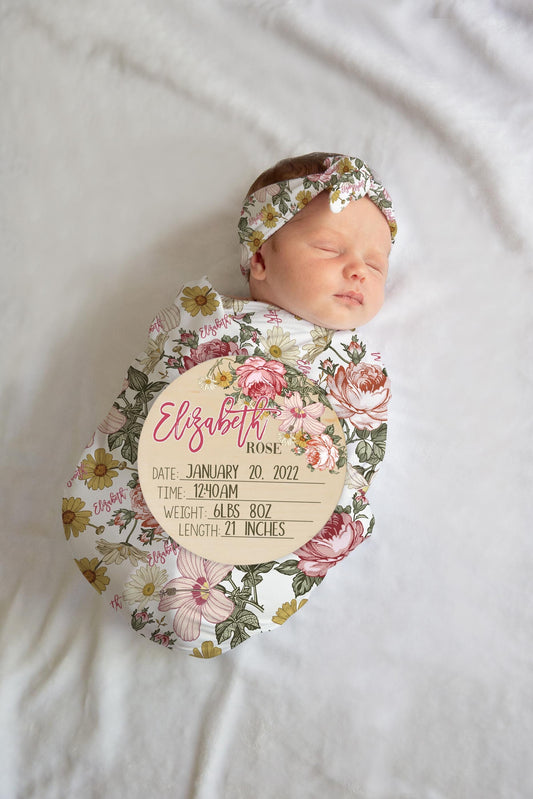 Boho Vintage Floral Wooden Birth Stat Sign, F28