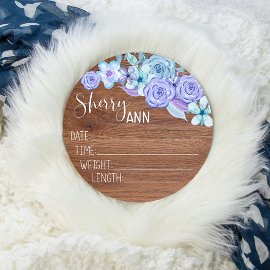 Girl Blue and Purple Floral Wood Birth Stat Sign