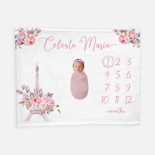 Paris Baby Girl Milestone Blanket, Eiffel Tower G4