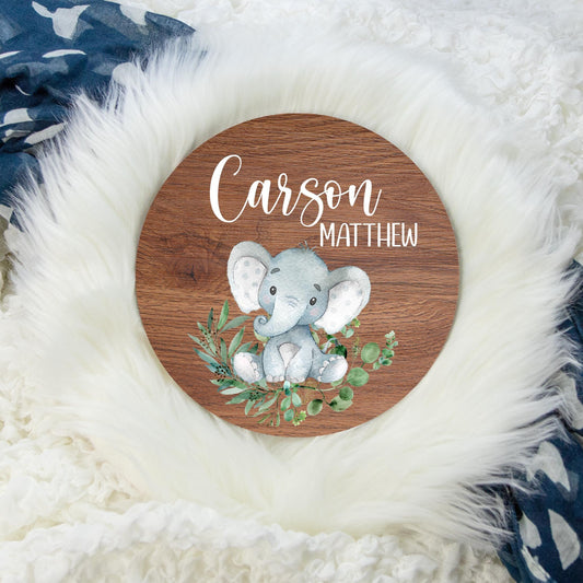 Elephant Round Wood Name Sign, S6