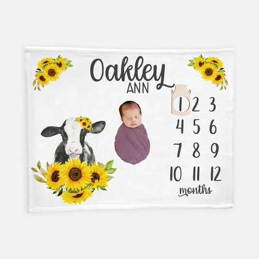 Cow Sunflower Baby Milestone Blanket, C14