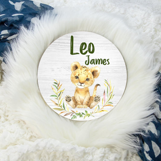 Lion Cub Round Wood Name Sign, Safari