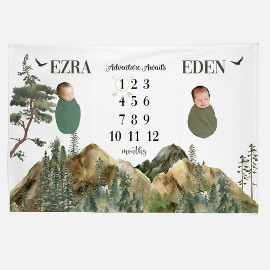 Adventure Awaits Twin Baby Milestone Blanket, Gender Neutral Mountains W8