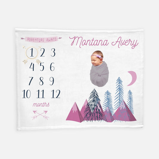 Adventure Awaits, Forest Mountains Milestone Blanket, Baby Girl M21