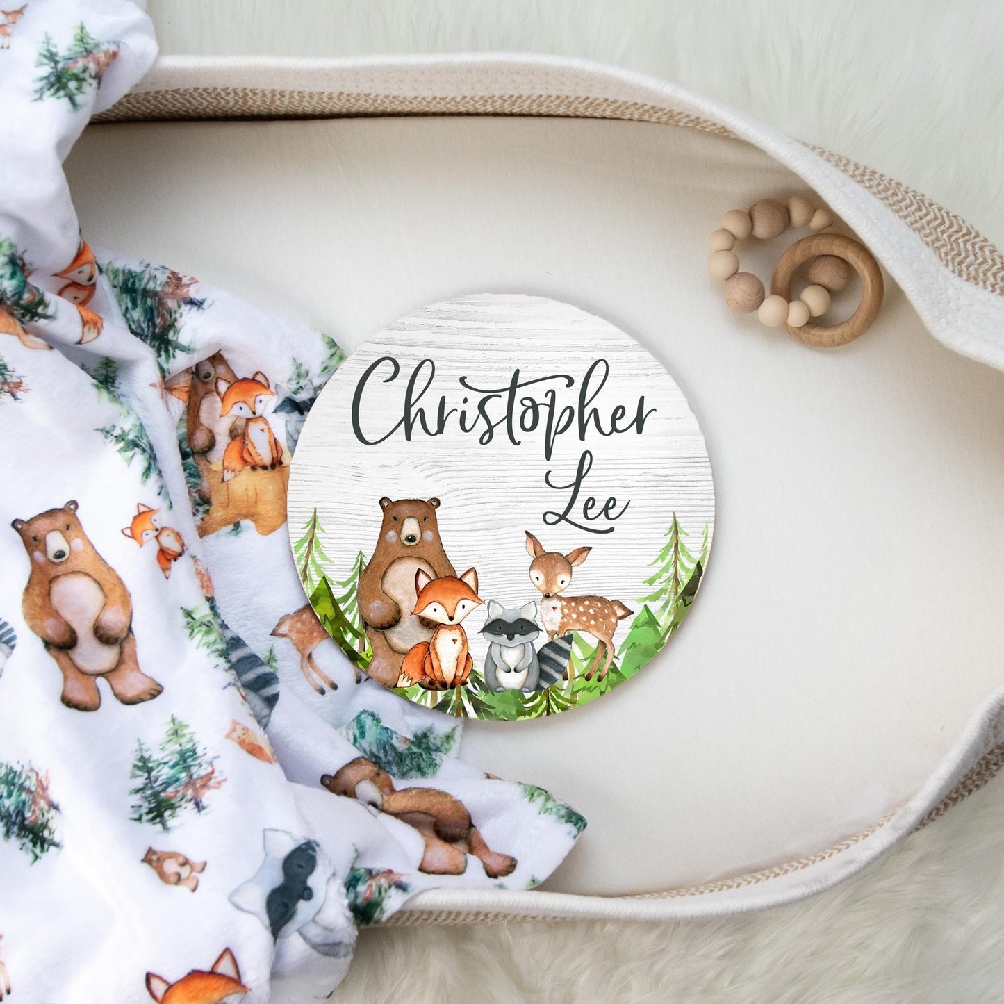 Woodland Nursery Sign, Bear Fox Raccoon Deer Wood Sign W1