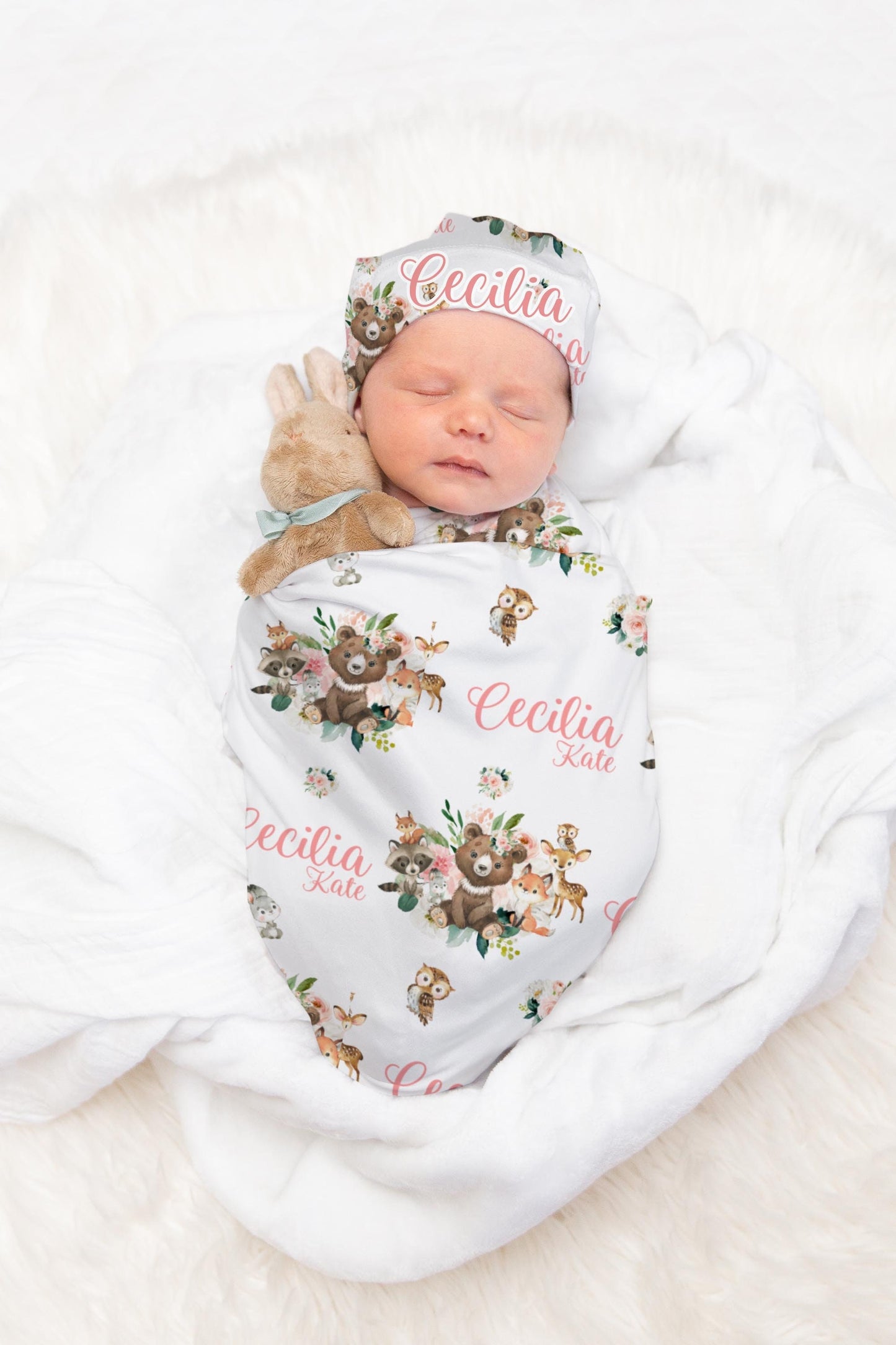 Girl Woodland Name Swaddle Blanket, Floral W28