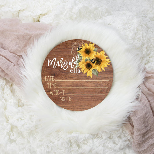 Sunflower Honey Bee Birth Stat Sign, Round Wood Floral Sign F62