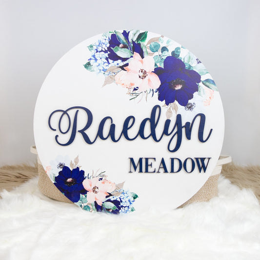 Round 3D Wood Nursery Name Sign, 15-24 Inch Navy and Blush Floral