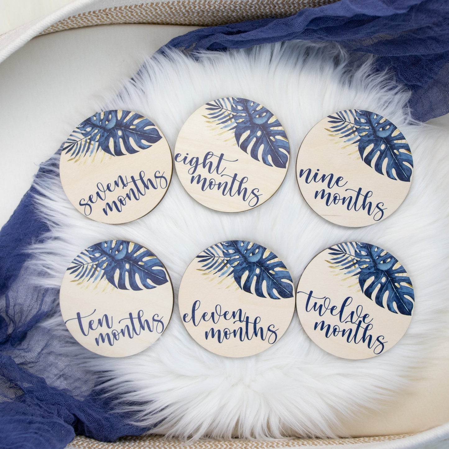 Blue and Gold Palm Leaves Wood Milestone Cards, F56