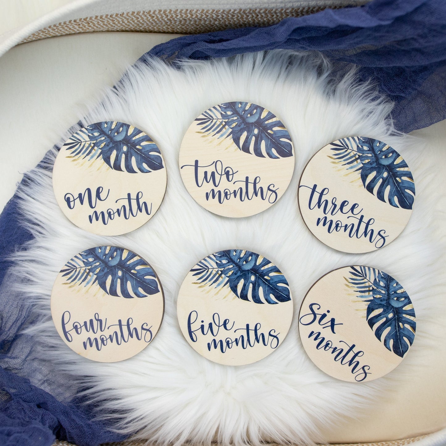 Blue and Gold Palm Leaves Wood Milestone Cards, F56