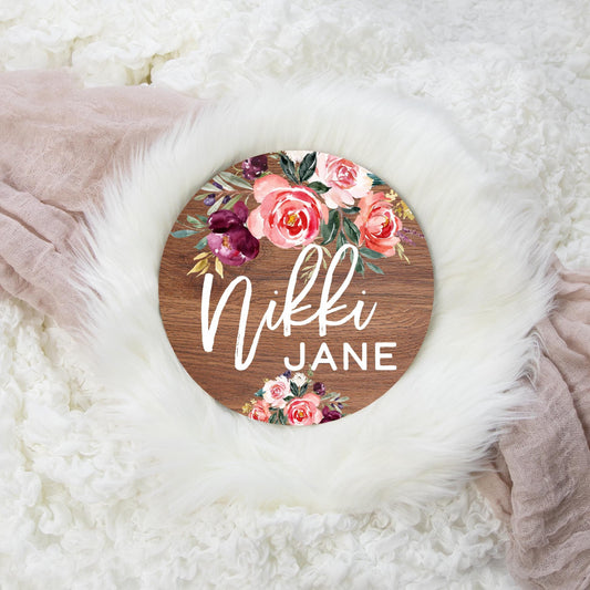 Pink Floral Round Wood Name Sign, F65