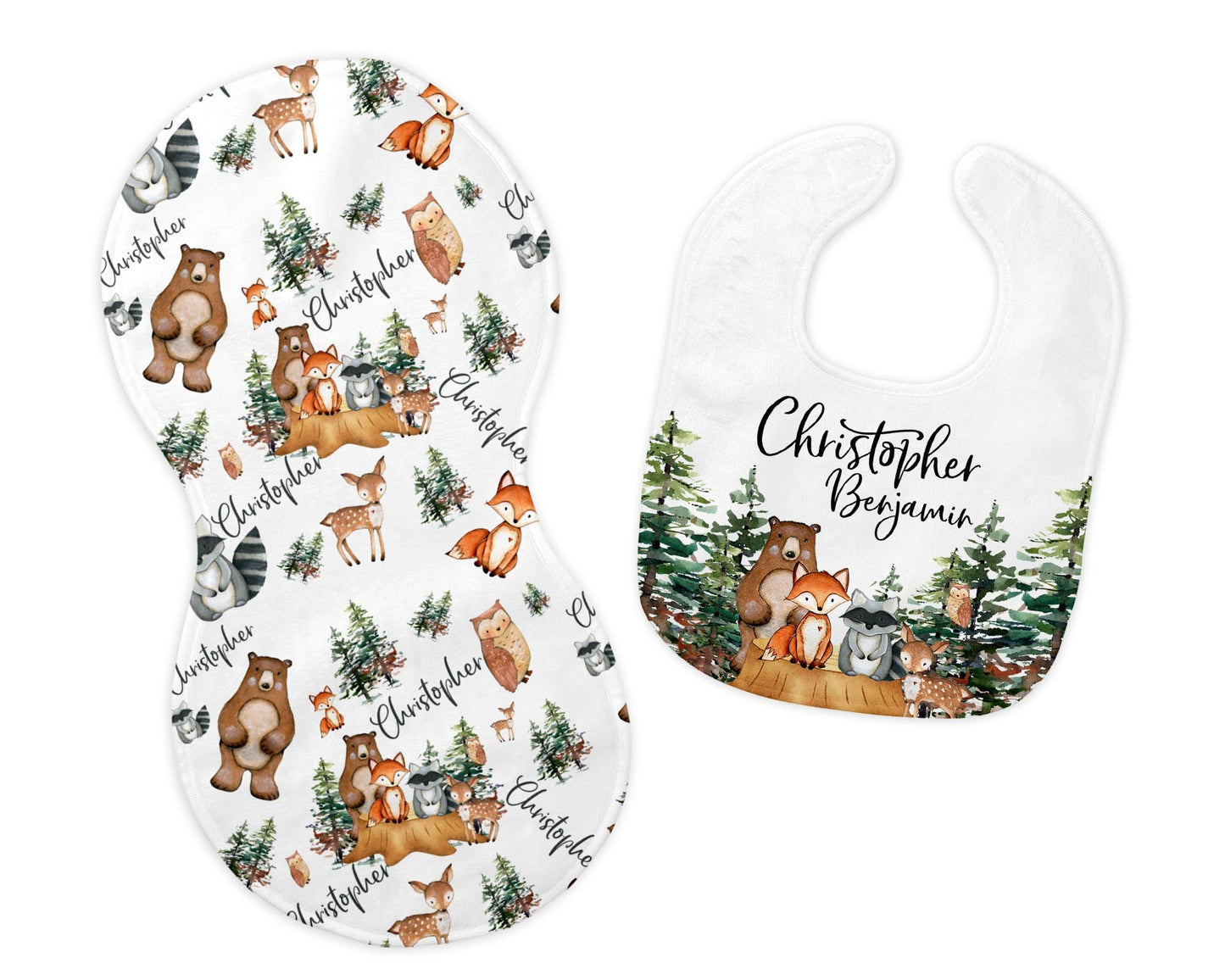 Woodland Bib and Burp Cloth Set, Bear Fox Raccoon, W1