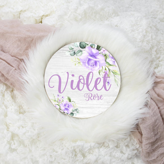 Violet Rose Floral Round Wood Name Sign, F67