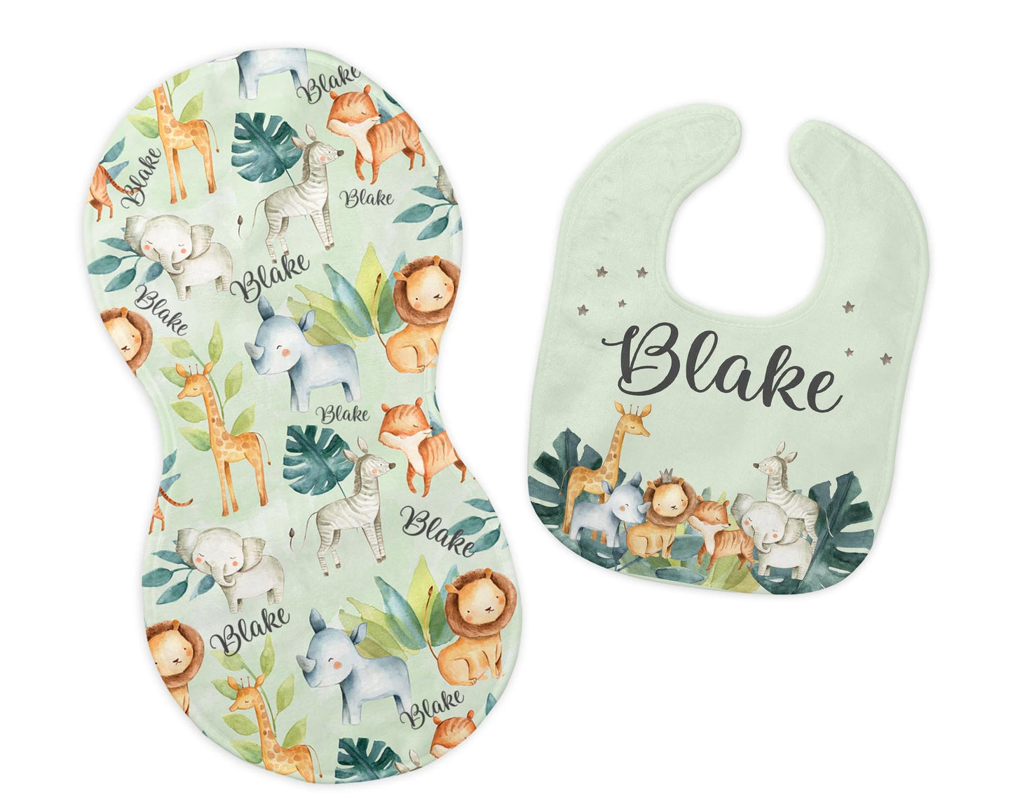 Safari Bib and Burp Cloth Set, Elephant Giraffe Lion Bib S4