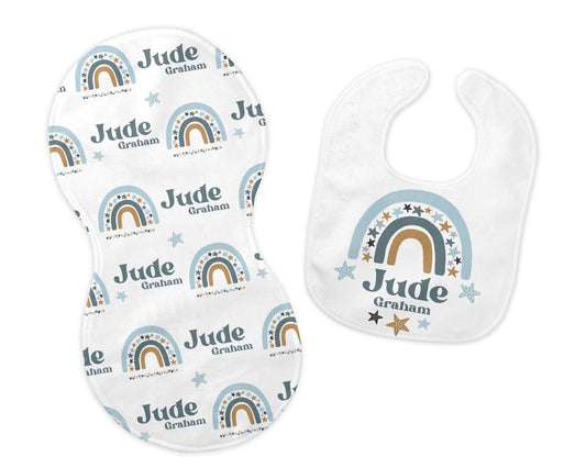 Blue Boho Rainbow Bib and Burp Cloth Set, T33