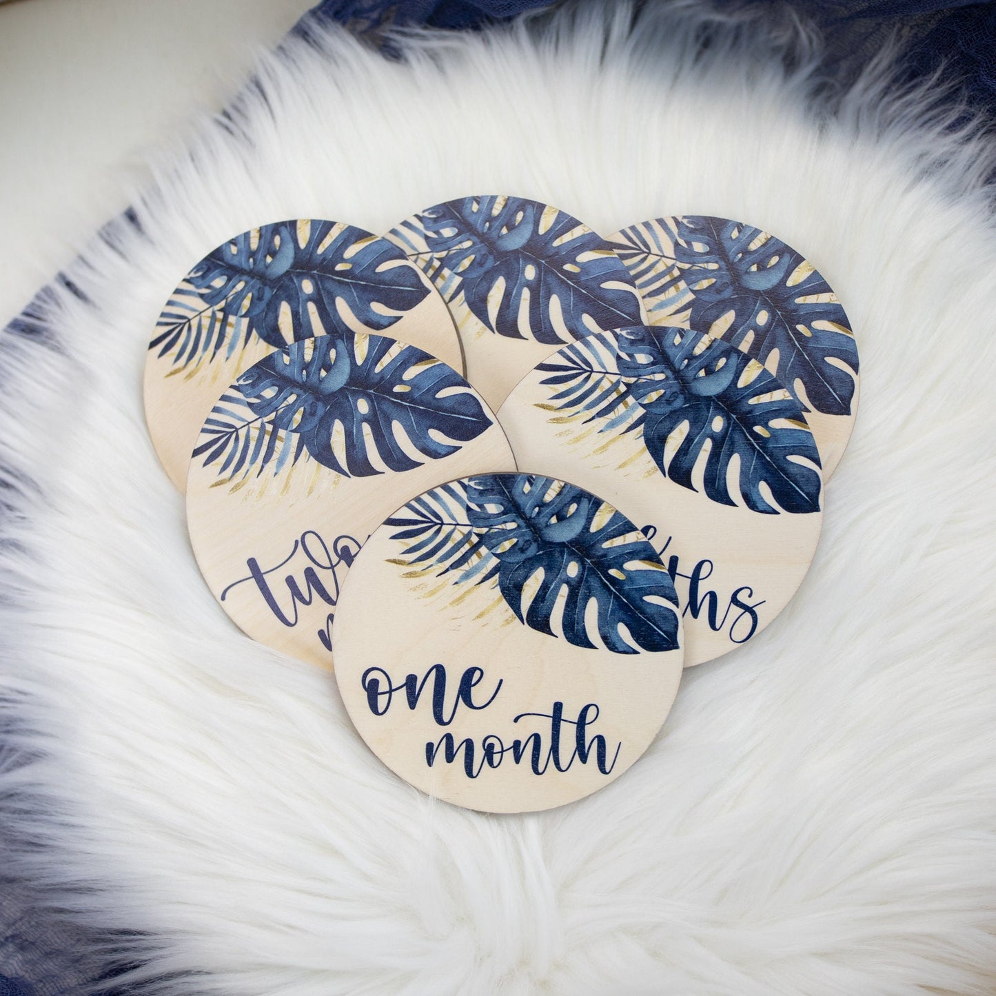 Blue and Gold Palm Leaves Wood Milestone Cards, F56