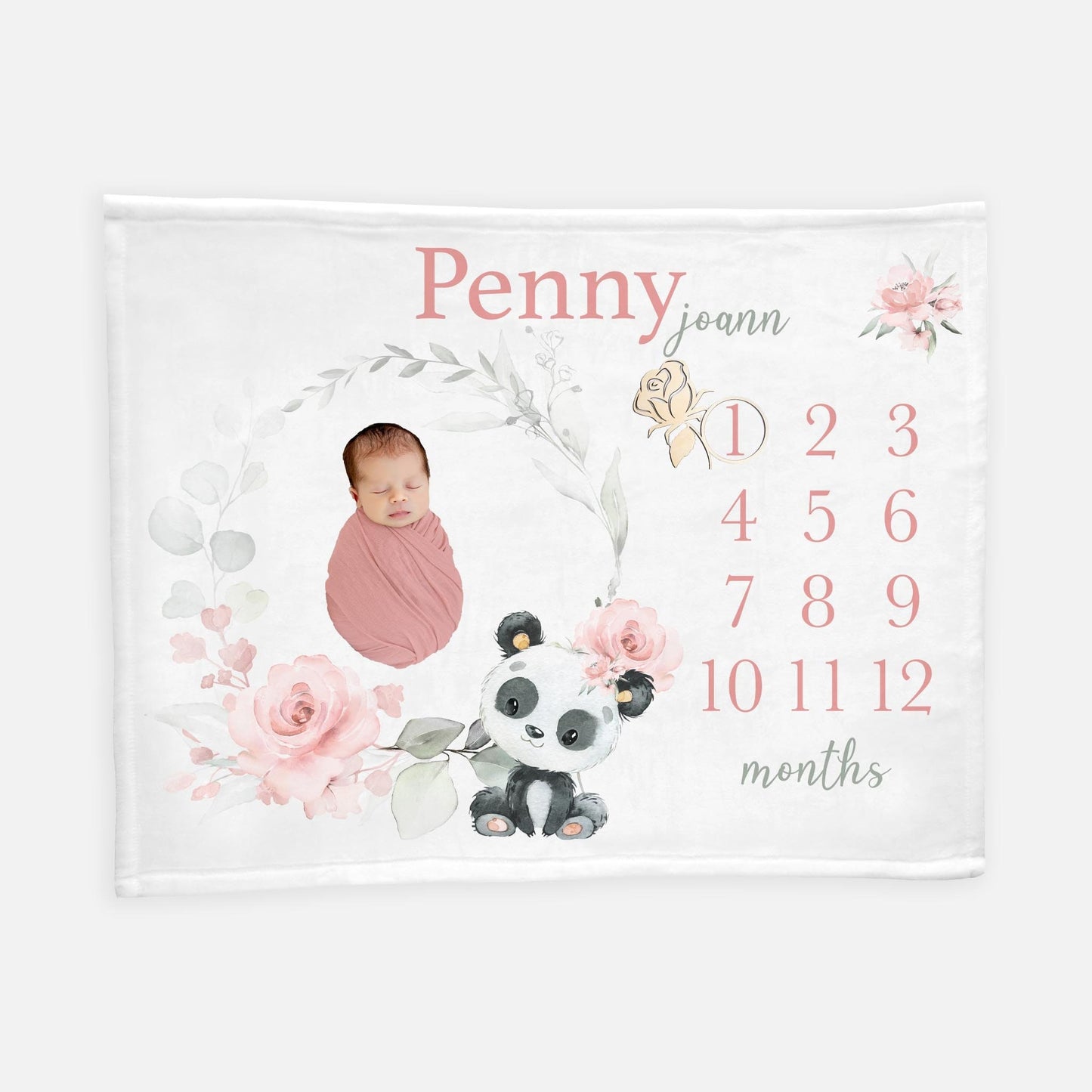 Girl Panda Milestone Blanket, Pink Roses W30