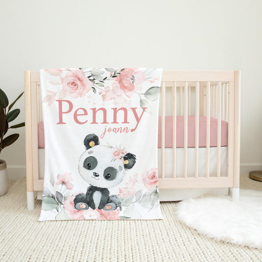 Panda Baby Blanket, Girl Pink Roses, W30