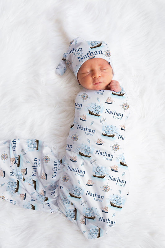 Ship Swaddle Set, Nautical Nursery Decor O21