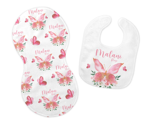 Pink Butterfly Bib and Burp Cloth Set, G5