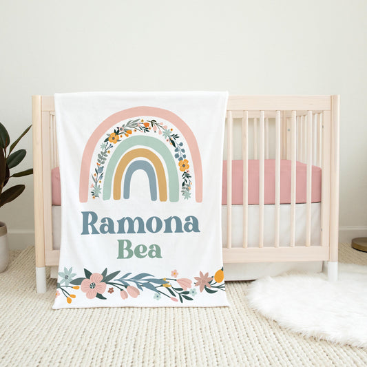 Floral Boho Rainbow Personalized Baby Blanket, T32